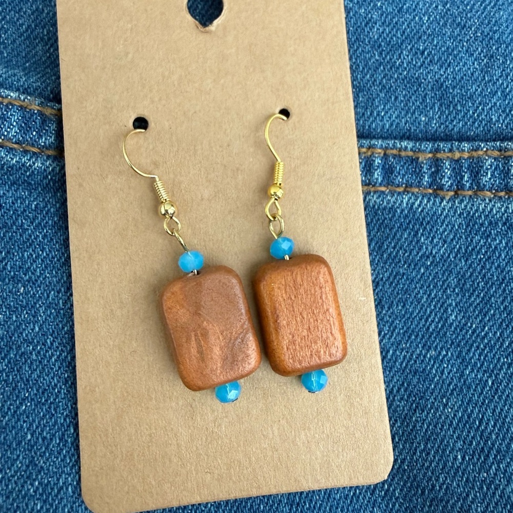 Brown Wood Bead & Blue Faceted Glass Bead Earrings Gold Nickle-Free